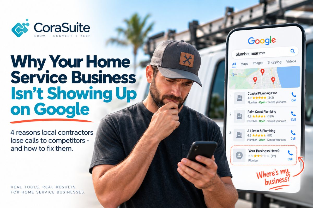 Home service business owner looking worried at his phone next to a Google search for "plumber near me" where his business is missing from the top results while competitors show up