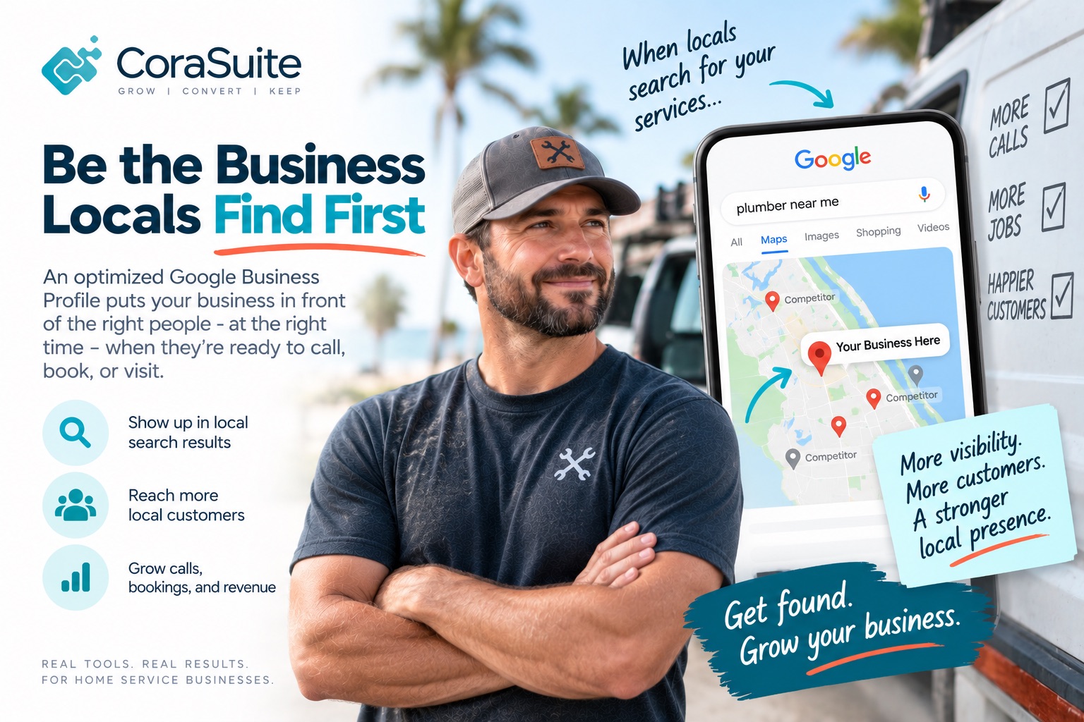 Home service business owner standing by his van next to a phone showing his business pinned on Google Maps ahead of competitors