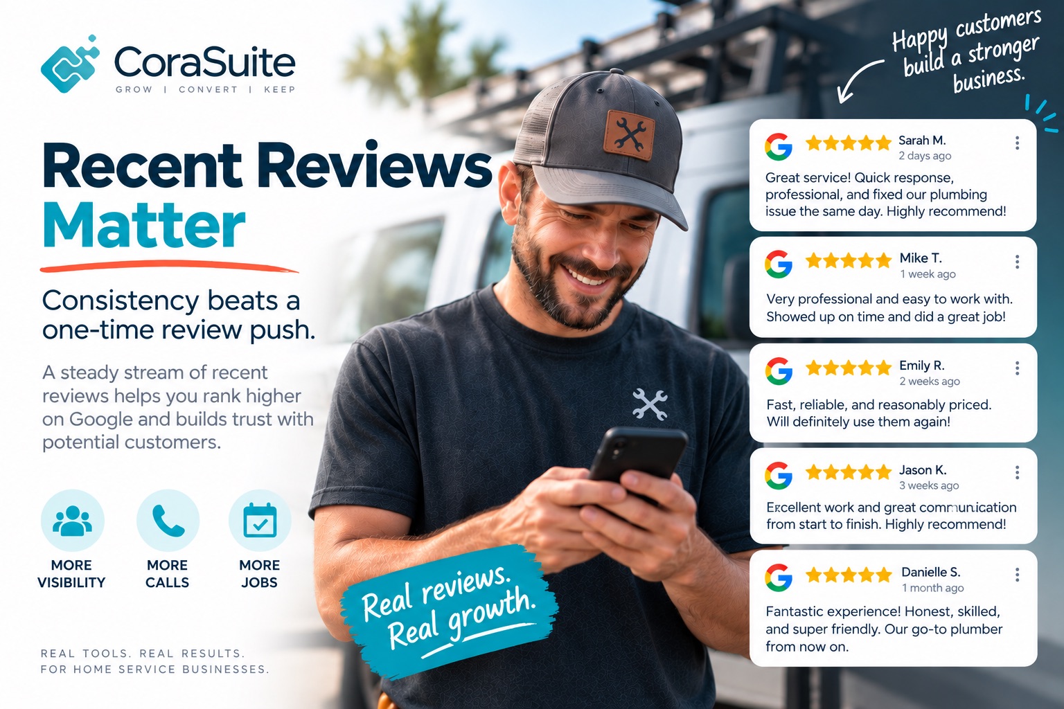 Home service technician smiling at his phone next to a stream of recent five-star Google reviews from happy customers